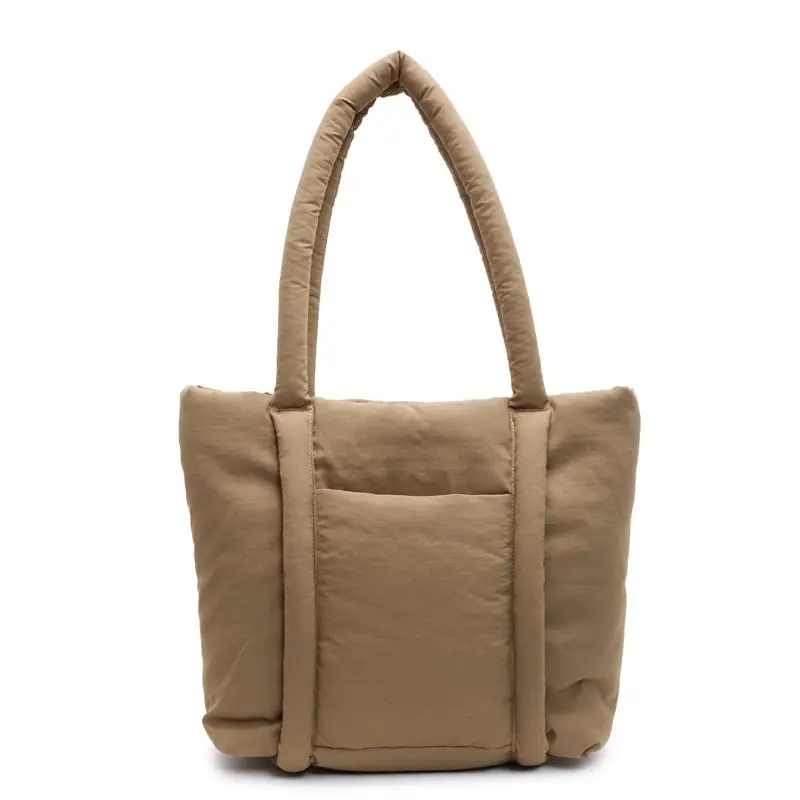 Women's Beige Cotton Padded Shoulder Bag Large Capacity - Image 11
