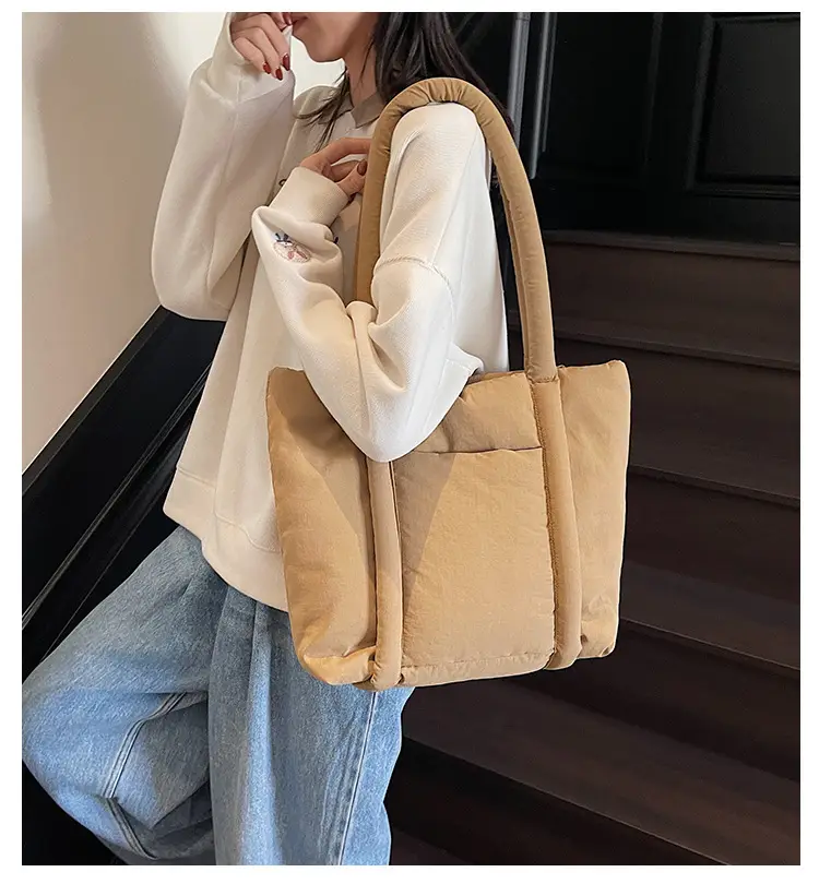 Women's Beige Cotton Padded Shoulder Bag Large Capacity — feature 1