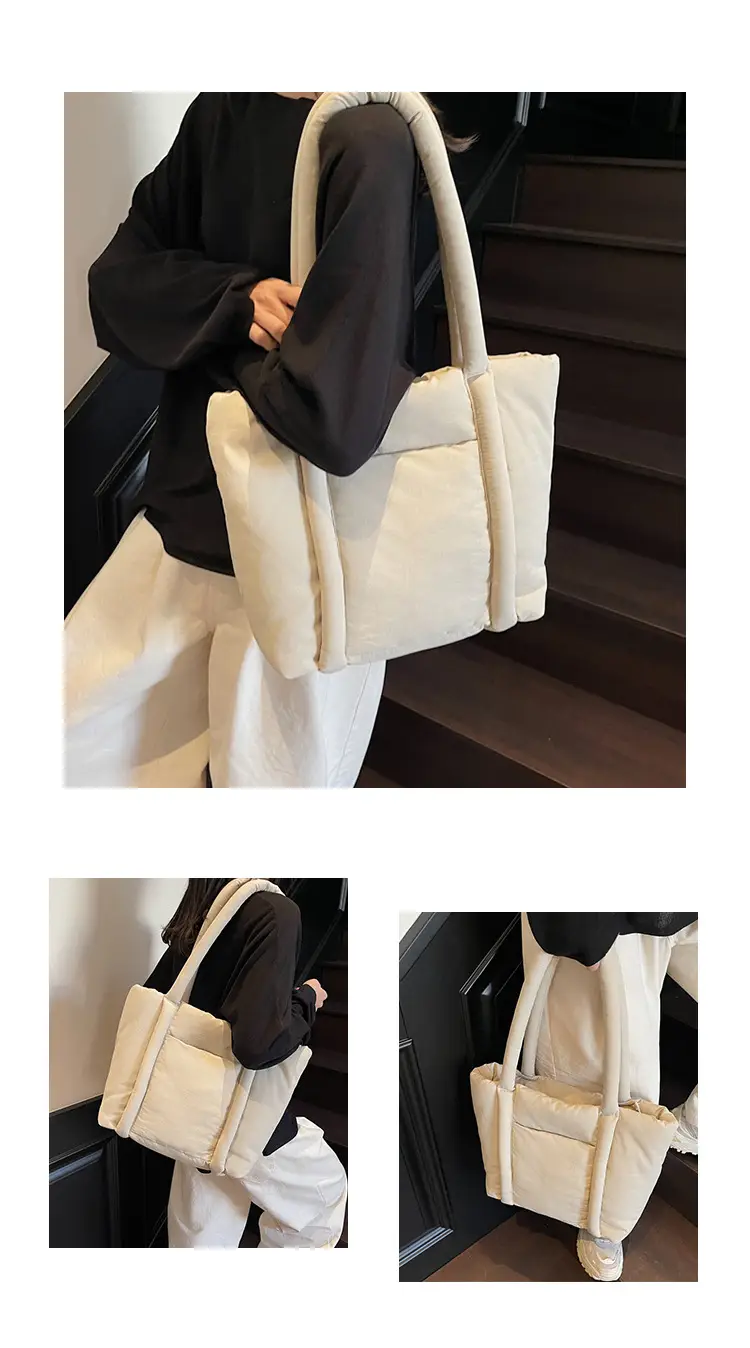 Women's Beige Cotton Padded Shoulder Bag Large Capacity — feature 10
