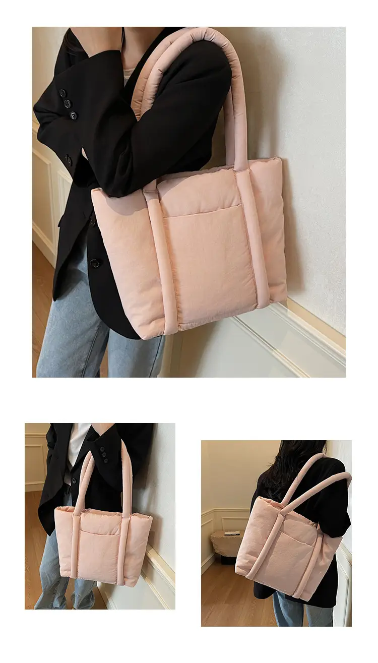 Women's Beige Cotton Padded Shoulder Bag Large Capacity — feature 11