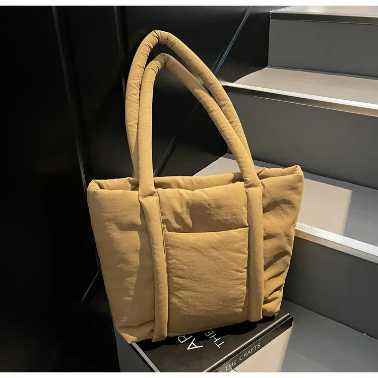 Women's Beige Cotton Padded Shoulder Bag Large Capacity — feature 18