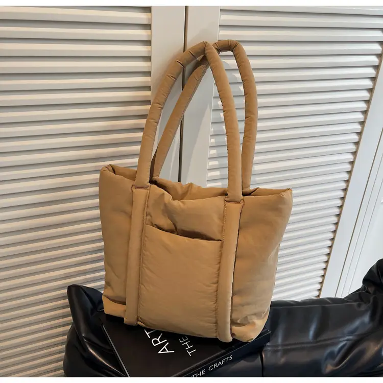 Women's Beige Cotton Padded Shoulder Bag Large Capacity — feature 21