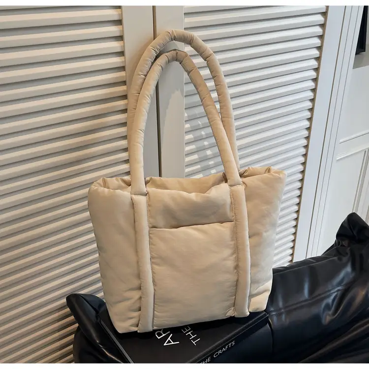 Women's Beige Cotton Padded Shoulder Bag Large Capacity — feature 22