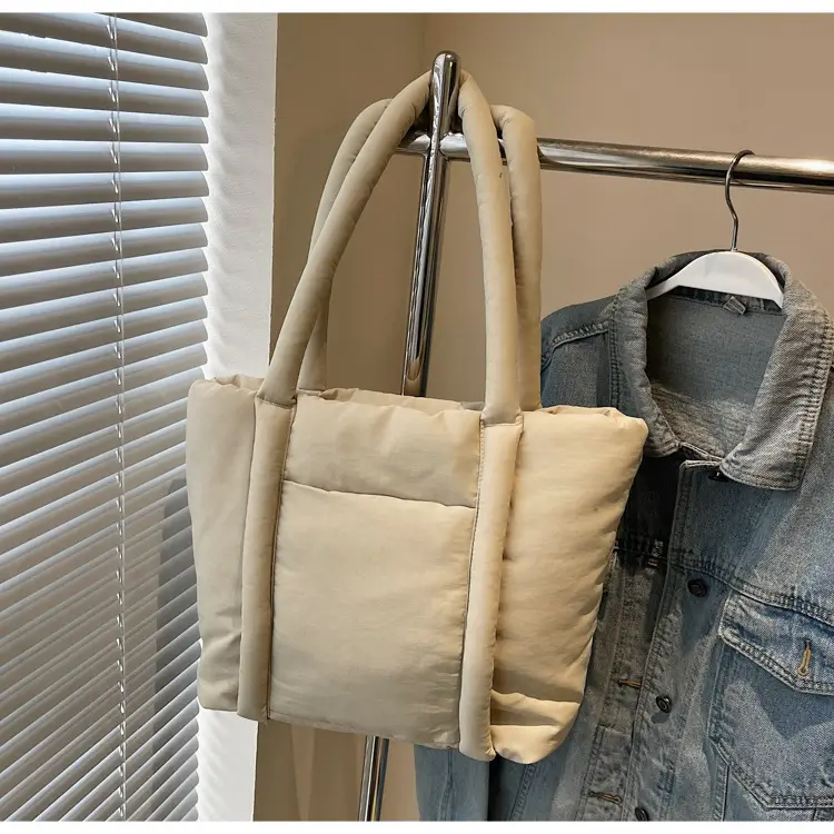 Women's Beige Cotton Padded Shoulder Bag Large Capacity — feature 26