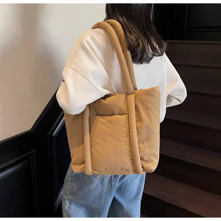 Women's Beige Cotton Padded Shoulder Bag Large Capacity — feature 29