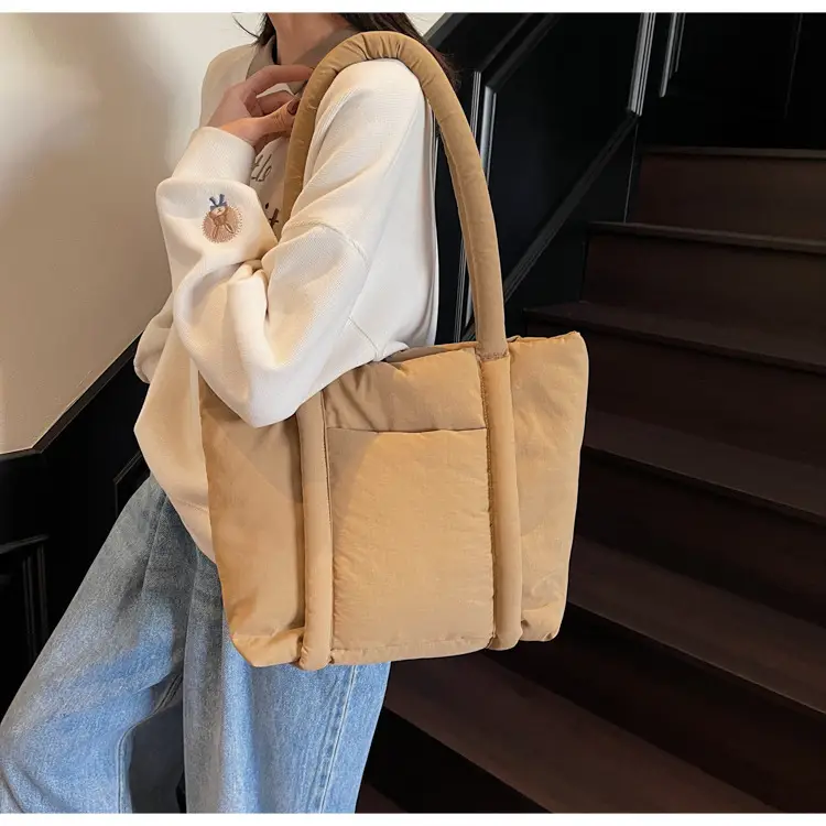 Women's Beige Cotton Padded Shoulder Bag Large Capacity — feature 30