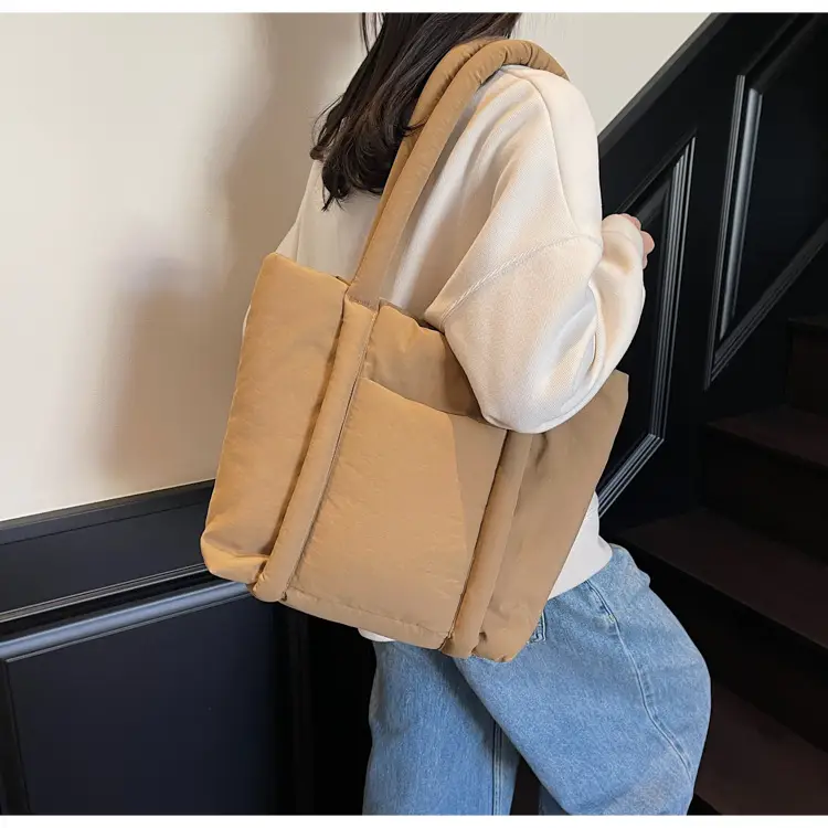 Women's Beige Cotton Padded Shoulder Bag Large Capacity — feature 31