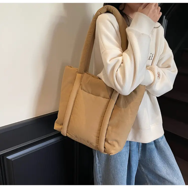 Women's Beige Cotton Padded Shoulder Bag Large Capacity — feature 32