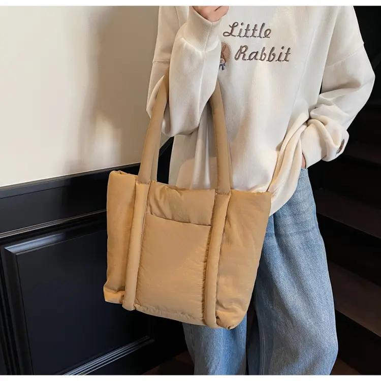 Women's Beige Cotton Padded Shoulder Bag Large Capacity — feature 33
