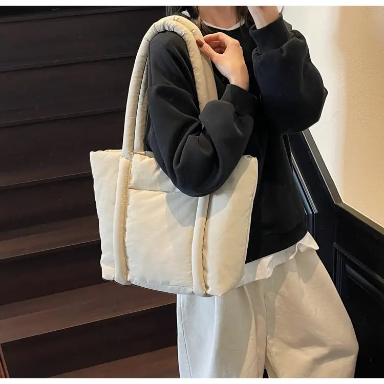 Women's Beige Cotton Padded Shoulder Bag Large Capacity — feature 34