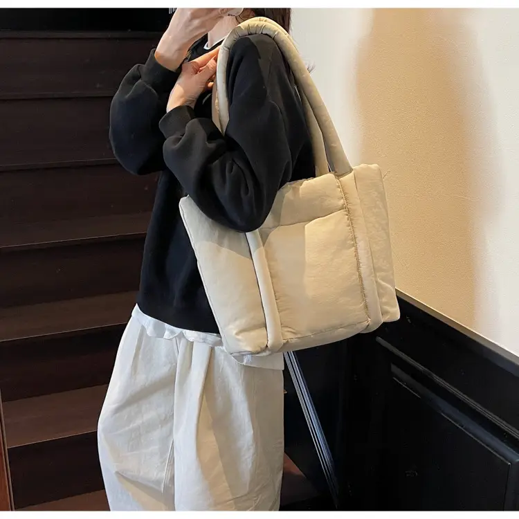 Women's Beige Cotton Padded Shoulder Bag Large Capacity — feature 35