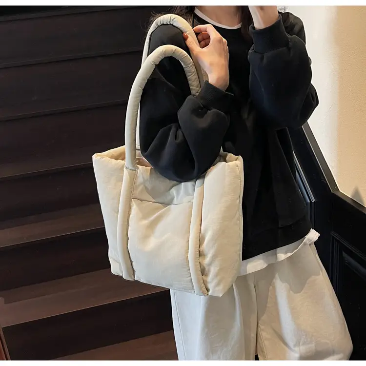 Women's Beige Cotton Padded Shoulder Bag Large Capacity — feature 36