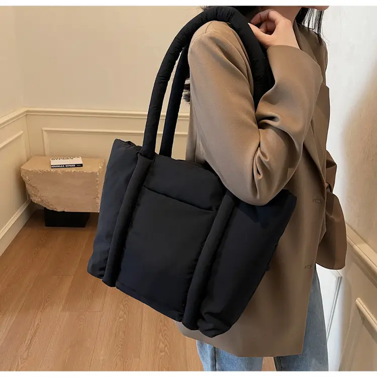 Women's Beige Cotton Padded Shoulder Bag Large Capacity — feature 41