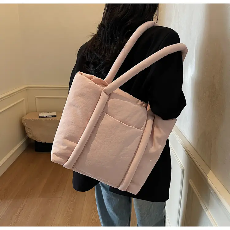 Women's Beige Cotton Padded Shoulder Bag Large Capacity — feature 48