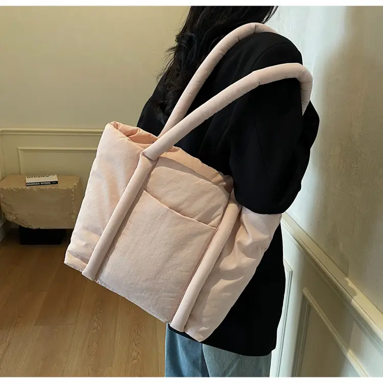 Women's Beige Cotton Padded Shoulder Bag Large Capacity — feature 49