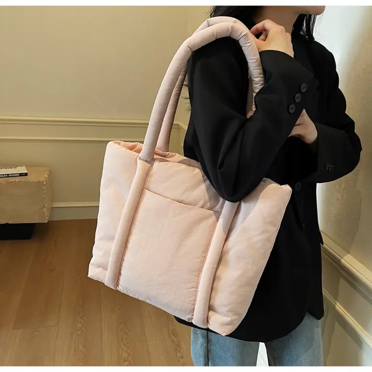 Women's Beige Cotton Padded Shoulder Bag Large Capacity — feature 50