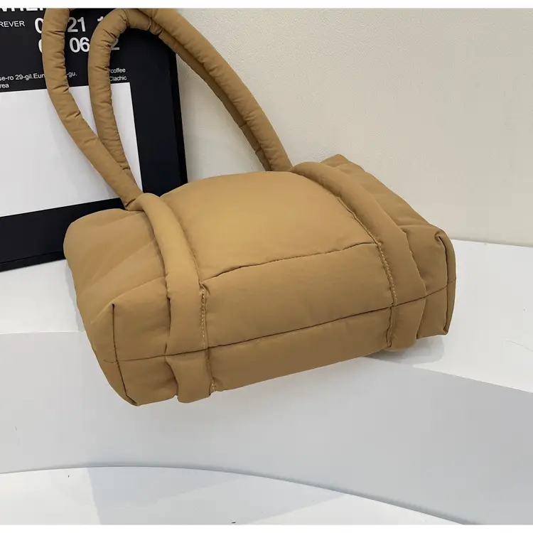 Women's Beige Cotton Padded Shoulder Bag Large Capacity — feature 7