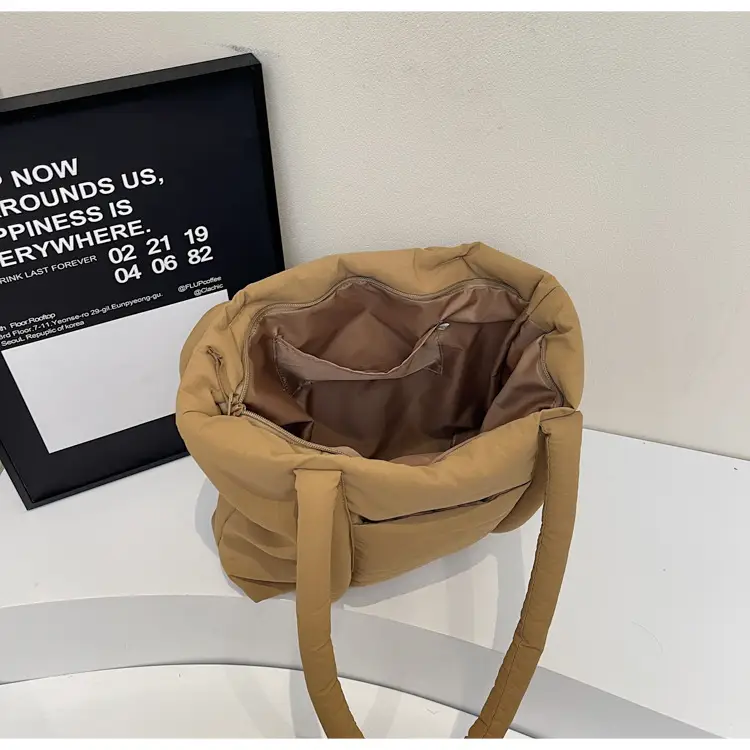 Women's Beige Cotton Padded Shoulder Bag Large Capacity — feature 8