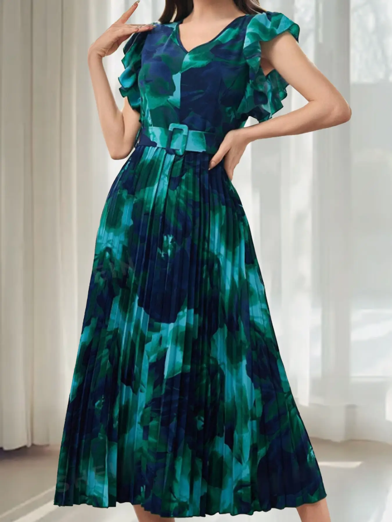 Tie-Dye Pleated Waist Belt Dress Green Blue