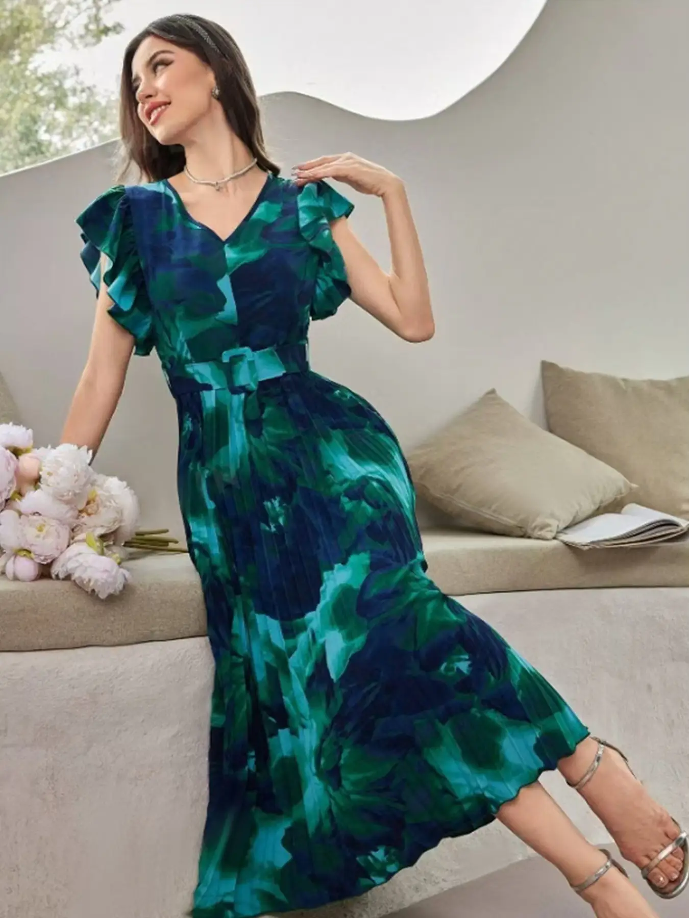 Tie-Dye Pleated Waist Belt Dress Green Blue