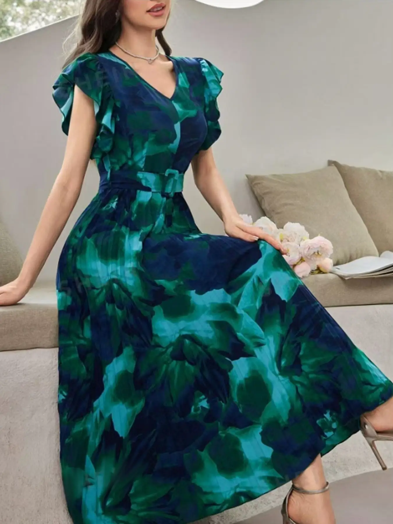 Tie-Dye Pleated Waist Belt Dress Green Blue