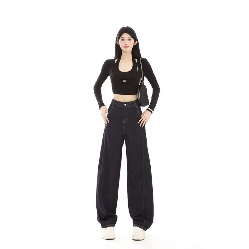 Dark Blue Fleece High-Waist Loose Jeans for Tall Women