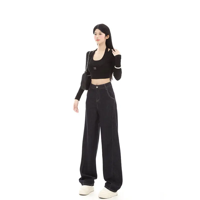 Dark Blue Fleece High-Waist Loose Jeans for Tall Women