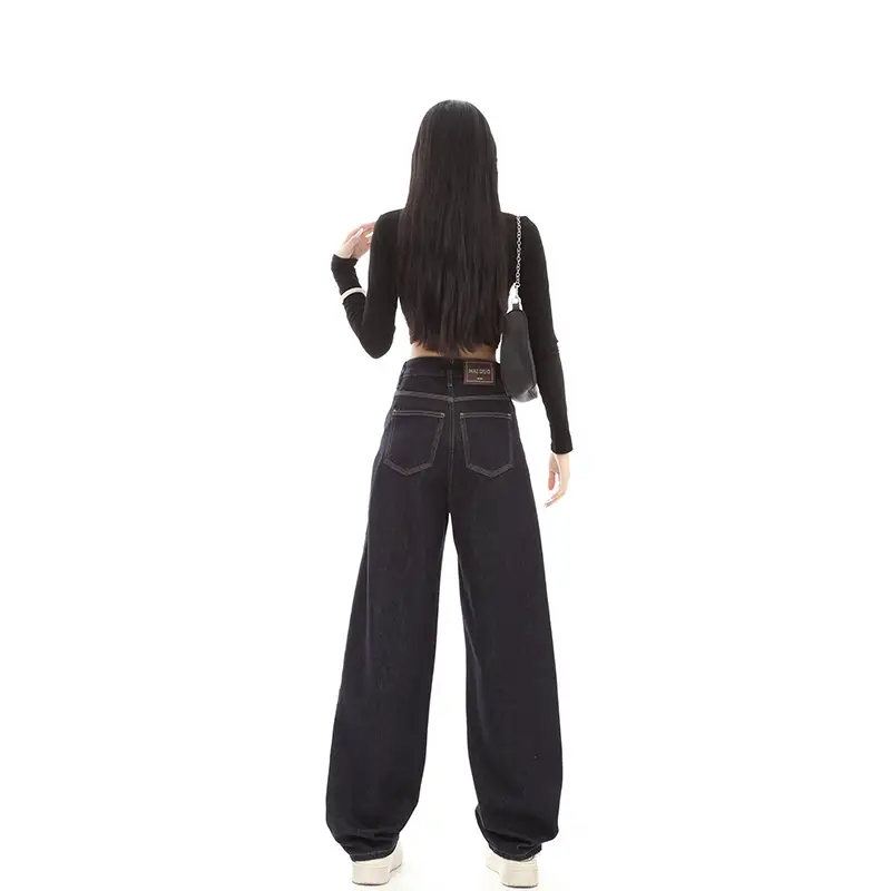 Dark Blue Fleece High-Waist Loose Jeans for Tall Women