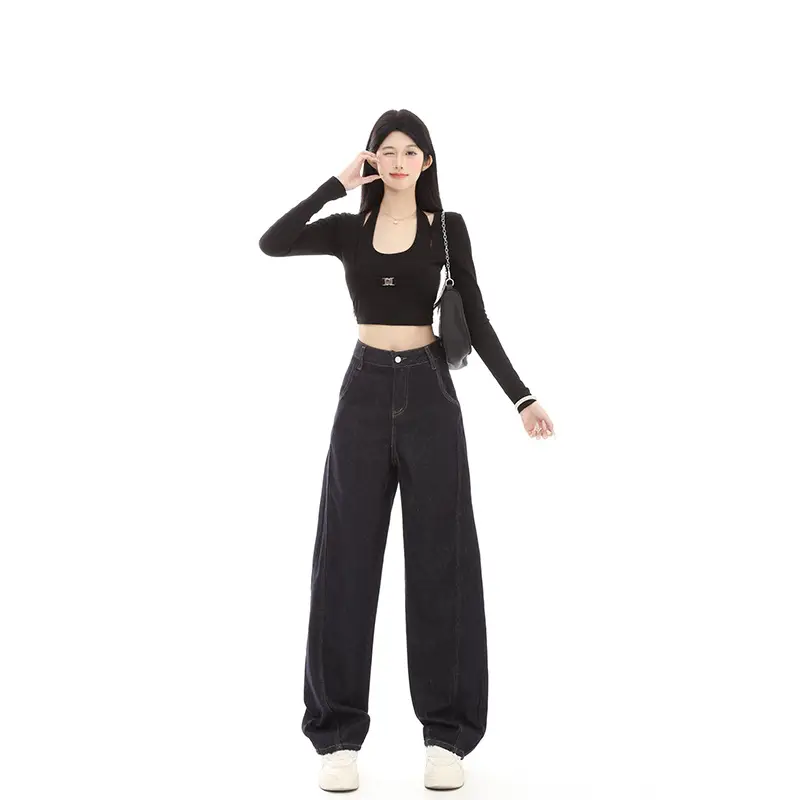 Dark Blue Fleece High-Waist Loose Jeans for Tall Women — feature 1