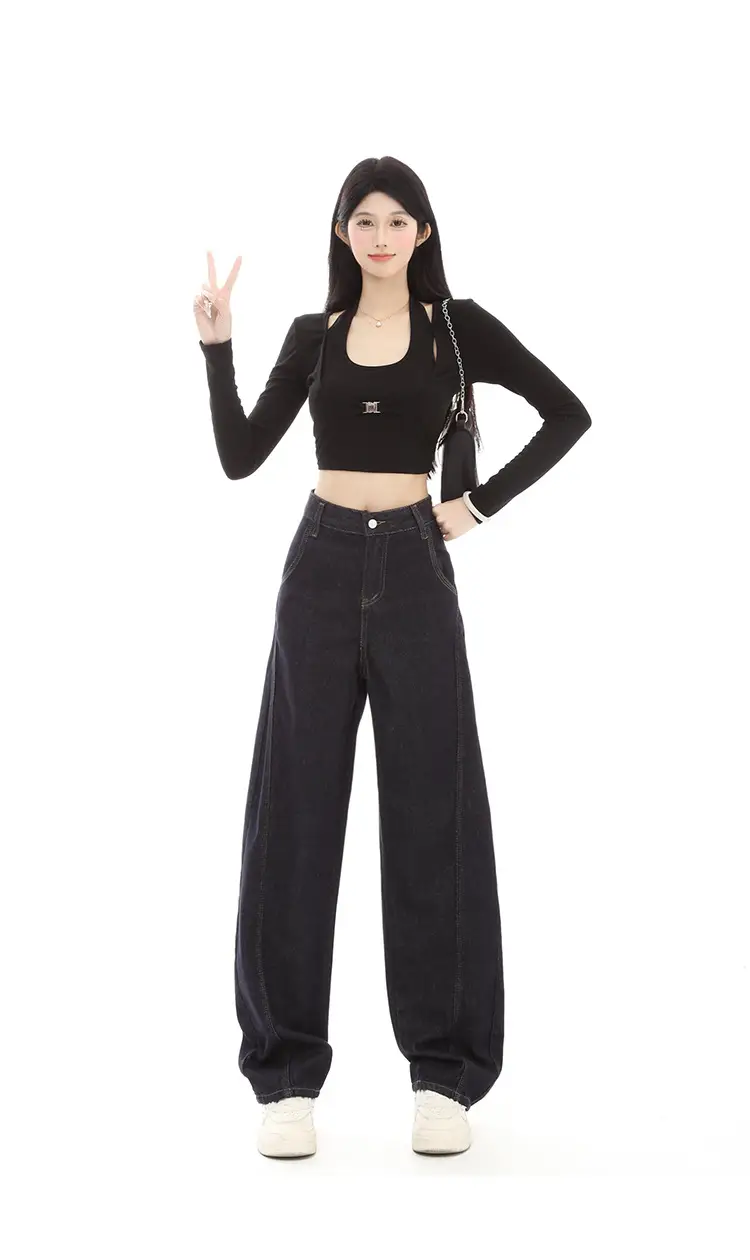 Dark Blue Fleece High-Waist Loose Jeans for Tall Women — feature 10