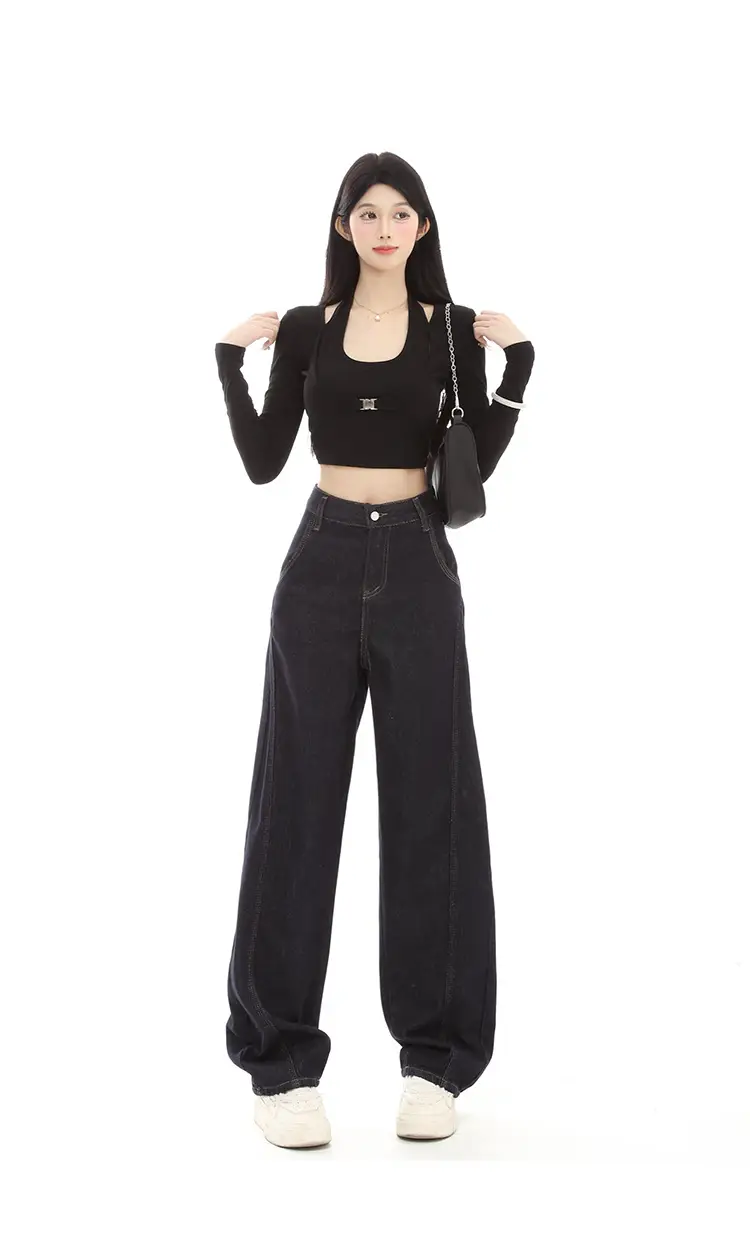 Dark Blue Fleece High-Waist Loose Jeans for Tall Women — feature 11
