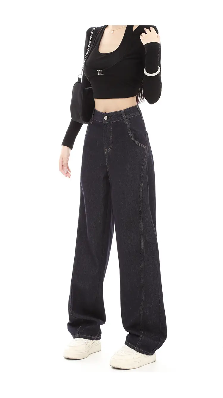 Dark Blue Fleece High-Waist Loose Jeans for Tall Women — feature 12