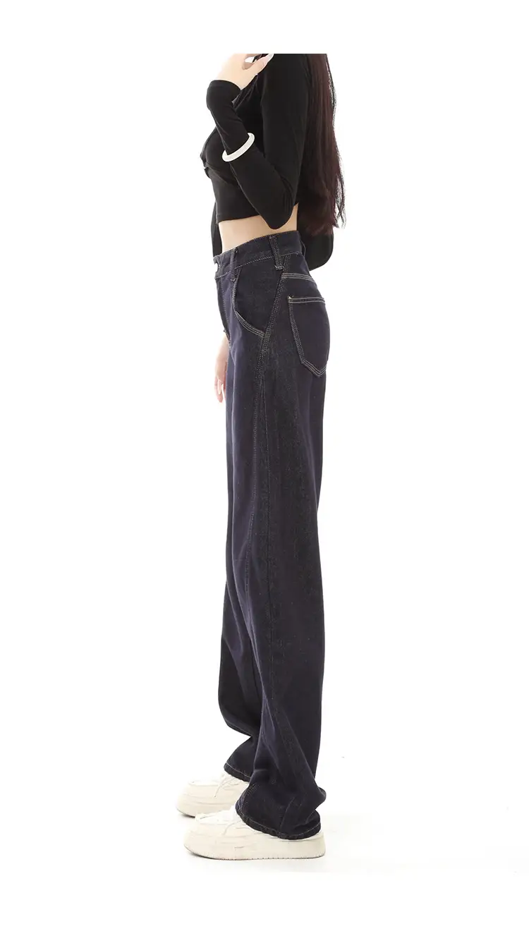 Dark Blue Fleece High-Waist Loose Jeans for Tall Women — feature 13