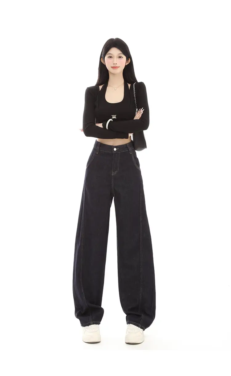 Dark Blue Fleece High-Waist Loose Jeans for Tall Women — feature 4