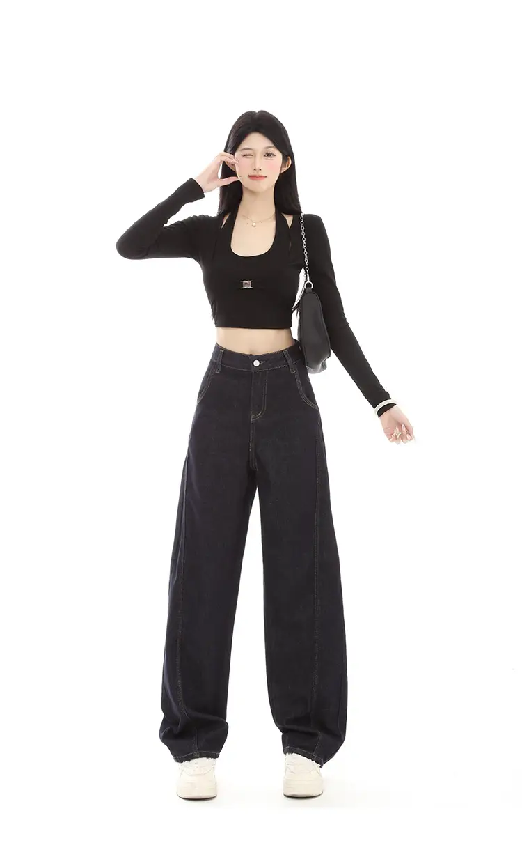 Dark Blue Fleece High-Waist Loose Jeans for Tall Women — feature 5