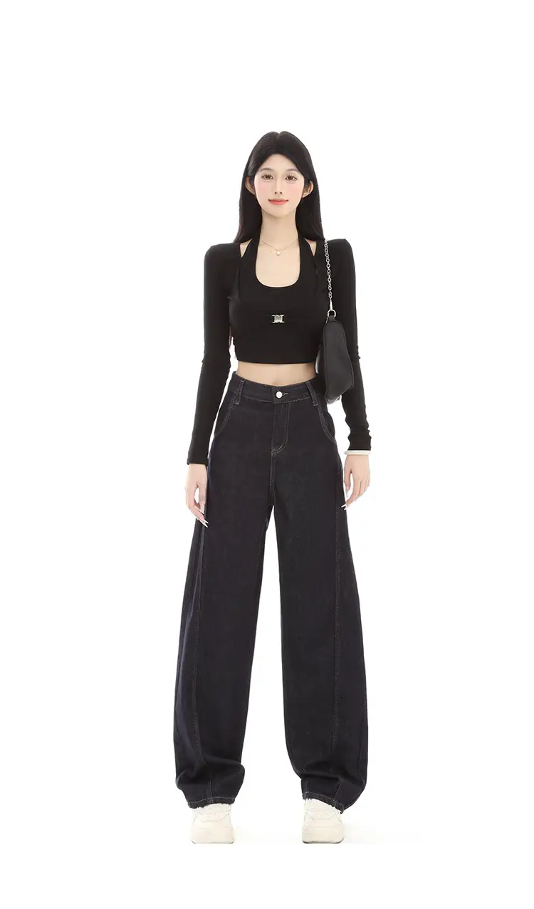 Dark Blue Fleece High-Waist Loose Jeans for Tall Women — feature 8