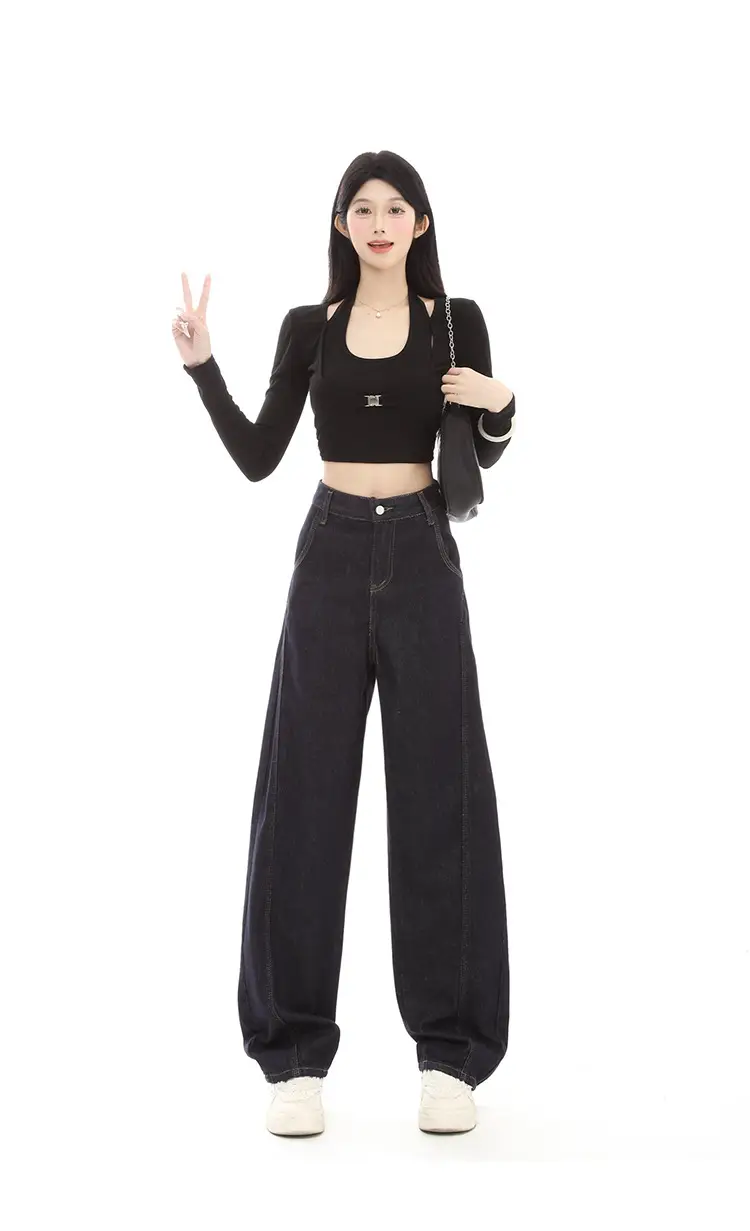 Dark Blue Fleece High-Waist Loose Jeans for Tall Women — feature 9