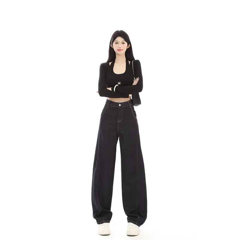 Dark Blue Fleece High-Waist Loose Jeans for Tall Women