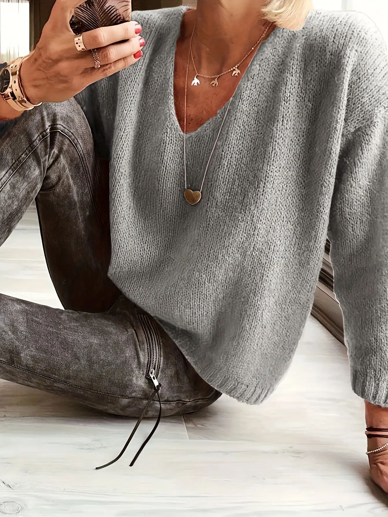 Grey Woolen V Neck Pullover Top for Women — feature 12