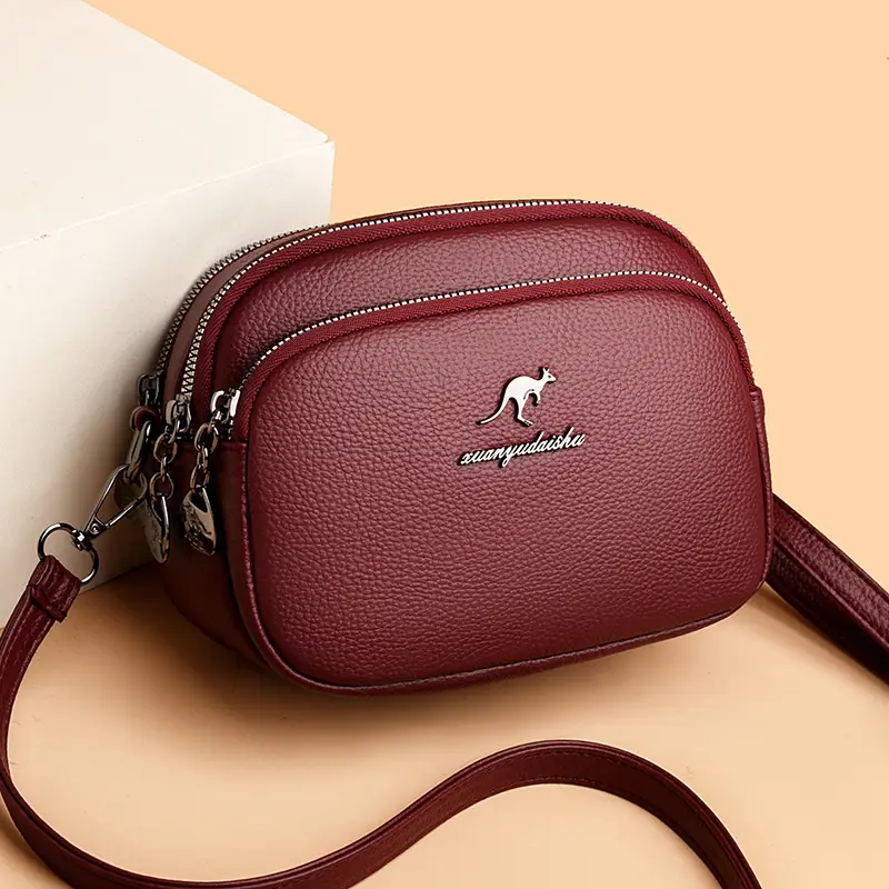 Black Soft Leather Three Layer Crossbody Bag for Women