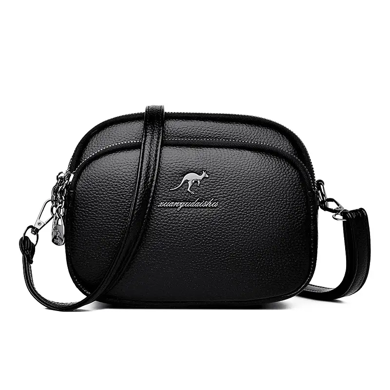 Black Soft Leather Three Layer Crossbody Bag for Women