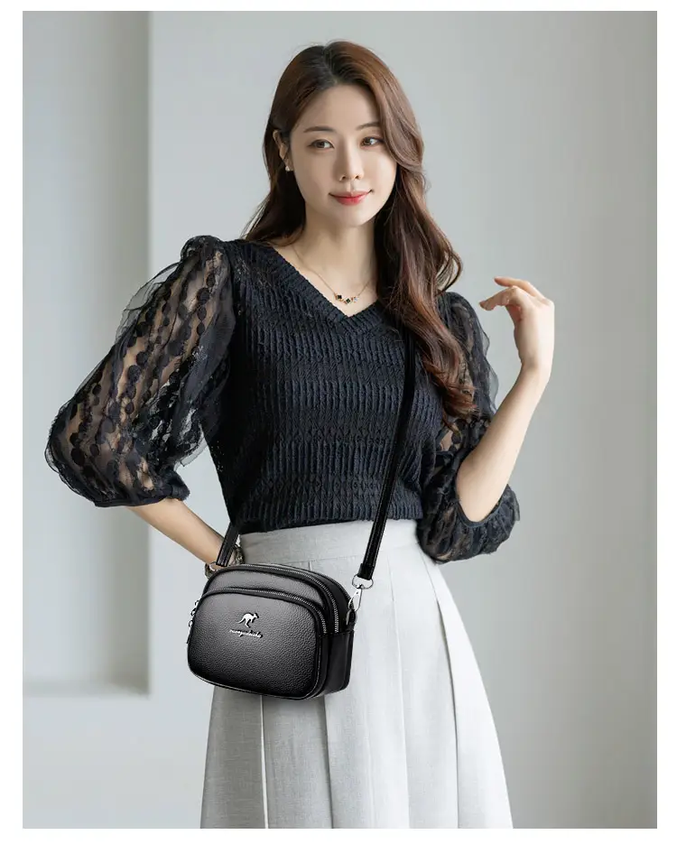 Black Soft Leather Three Layer Crossbody Bag for Women — feature 14