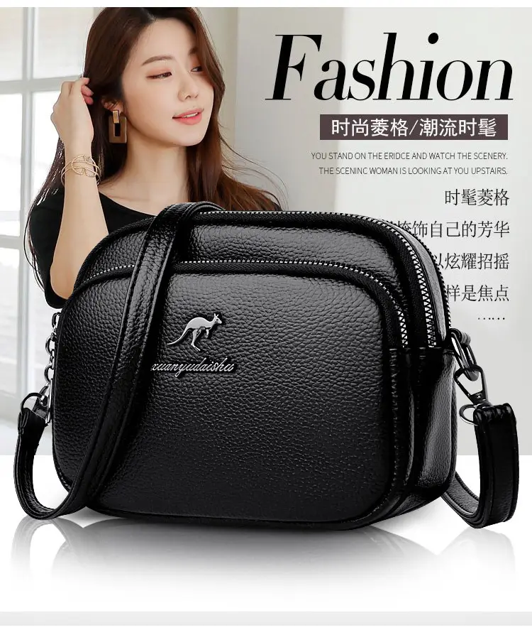 Black Soft Leather Three Layer Crossbody Bag for Women — feature 3