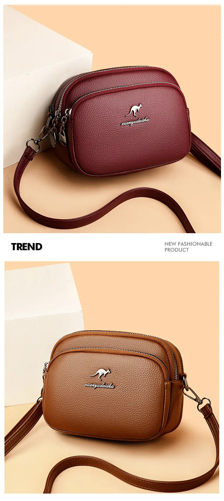 Black Soft Leather Three Layer Crossbody Bag for Women — feature 9
