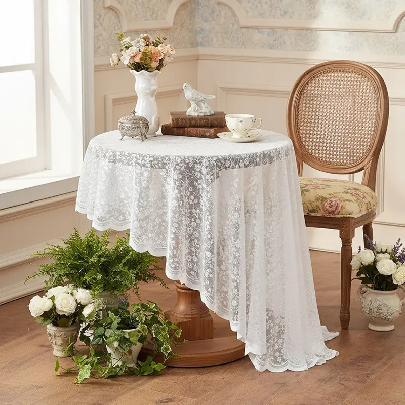 White lace tablecloth vintage coffee table cloth round table bedside table sofa refrigerator cover cloth pastoral style tablecloth wholesale