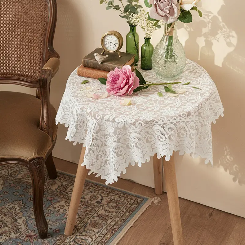 White lace tablecloth vintage coffee table cloth round table bedside table sofa refrigerator cover cloth pastoral style tablecloth wholesale