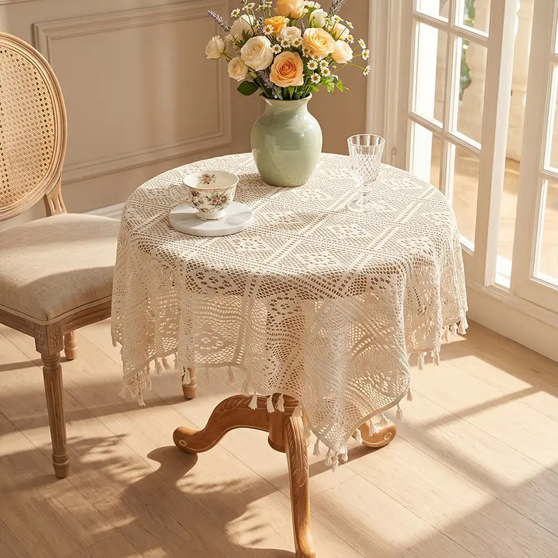 White lace tablecloth vintage coffee table cloth round table bedside table sofa refrigerator cover cloth pastoral style tablecloth wholesale