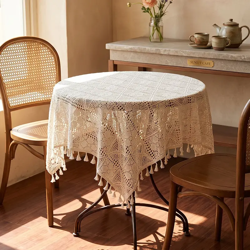 White lace tablecloth vintage coffee table cloth round table bedside table sofa refrigerator cover cloth pastoral style tablecloth wholesale