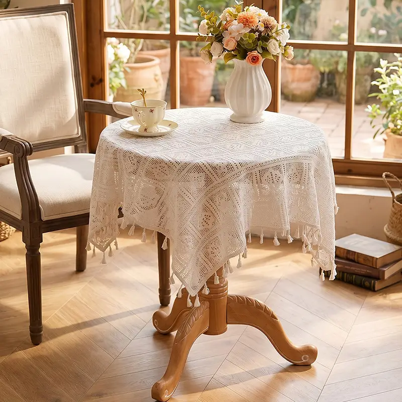 White lace tablecloth vintage coffee table cloth round table bedside table sofa refrigerator cover cloth pastoral style tablecloth wholesale