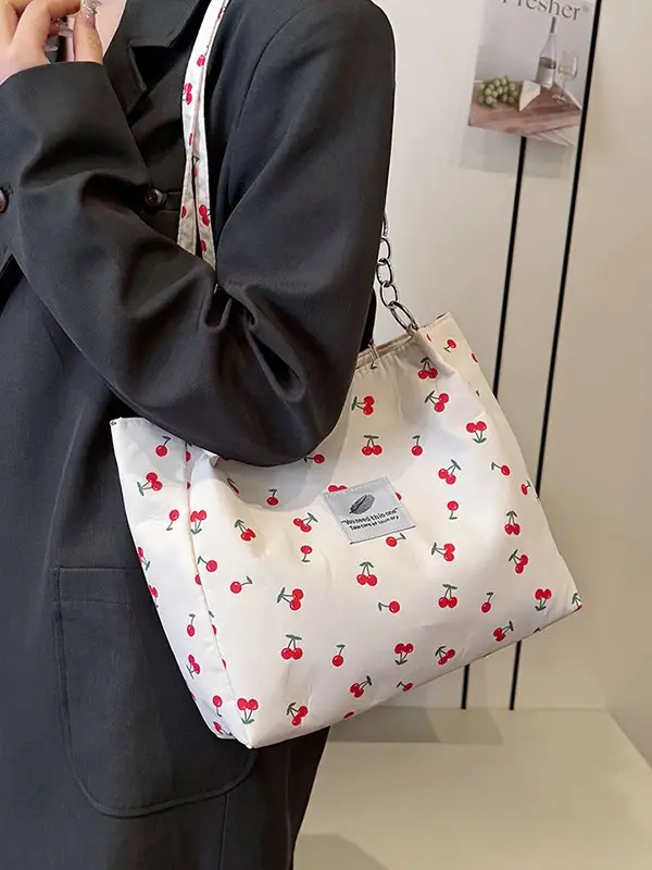Women Cherry Print Canvas Shoulder Bag 2025 - Image 6